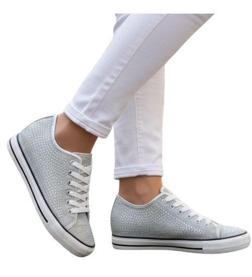 Wiązane srebrne trampki na koturnie ost514