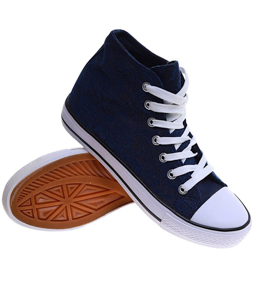 Klasyczne granatowo białe trampki damskie koronkowe z wysoką cholewką /C7-2 16739 G9-84/