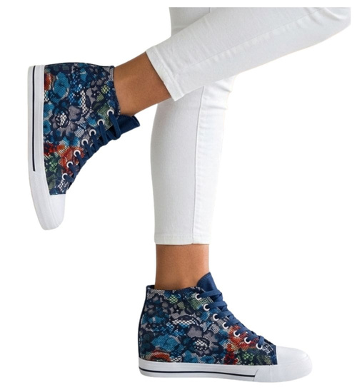 Wysokie sznurowane trampki na niskim koturnie Flower Blue /F1-2 8087 S190/