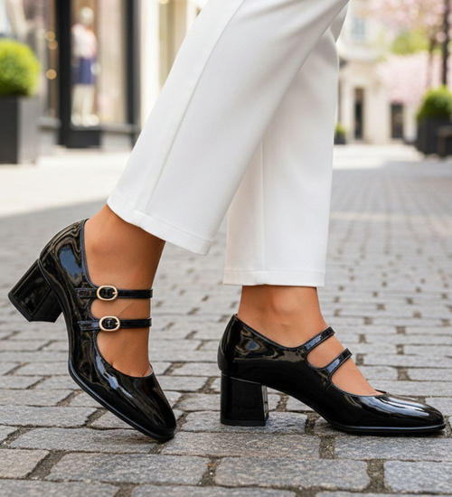 Czarne czółenka na niskim obcasie z paskami /E1-3 17520  W182/