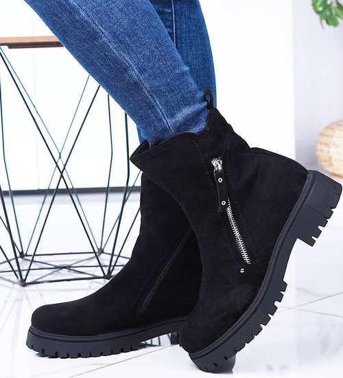 Zimowe zamszowe czarne botki na klocku /E5-1 15378 T533/