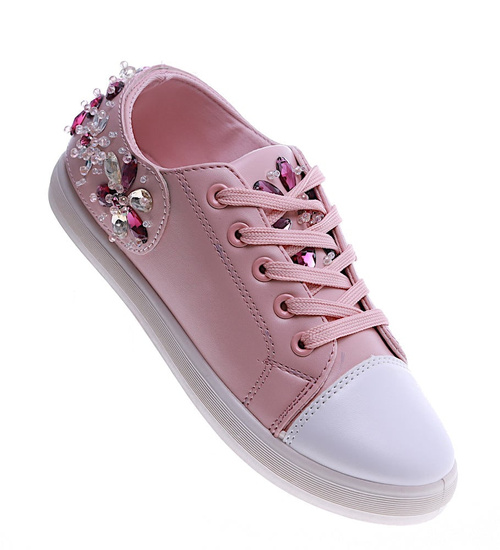 Modne damskie trampki z kamieniami Różowe /B1-2 13468 T128/