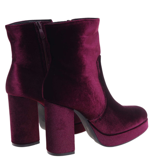 Welurowe botki damskie na platformie Wine /J6-3 H2 18393 G284/