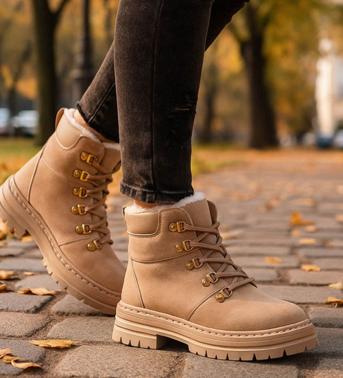 Zimowe botki trapery z futerkiem Beżowe /C4-1 18424 T347/