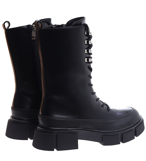 Wiązane czarne glany trapery na platformie /D8-3 17184 T312/