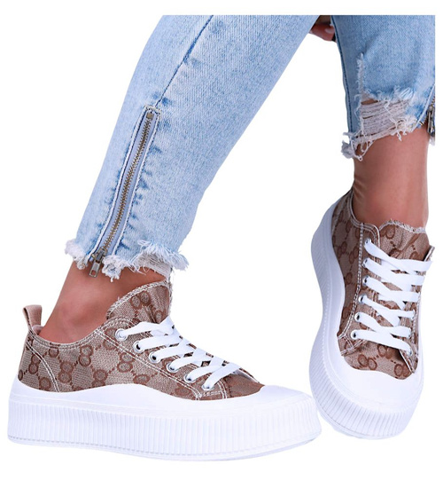 Sznurowane brązowe trampki damskie na platformie /C6-3 15680 T184/