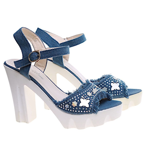 Niebieskie sandały damskie na obcasie i platformie /B7-3 16230 T230/