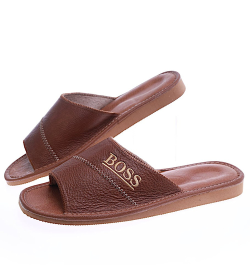 Skórzane męskie klapki domowe Brązowe /F9-1 14238 S196/