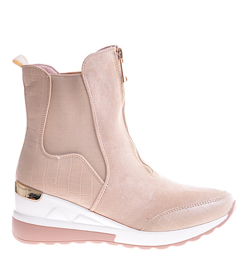 Beżowe botki na koturnie ze skóry ekologicznej /G3-3 12293 T595/