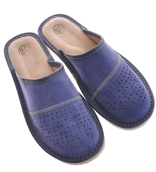 Skórzane kapcie damskie z Podhala Granatowe /A3-1 8452 S197/