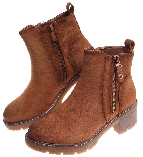 Karmelowe botki damskie na grubym obcasie /F10-2 18245 W477/