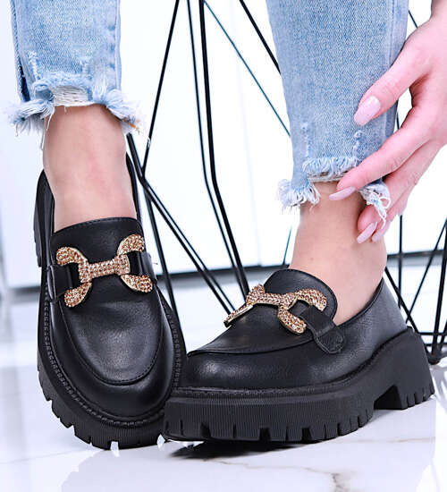 Czarne loafersy damskie półbuty na platformie /F2-2 15478 T336/