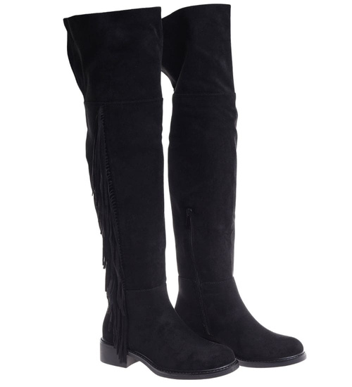 Wysokie czarne kozaki muszkieterki z frędzlami /J6-3 18583 G599/