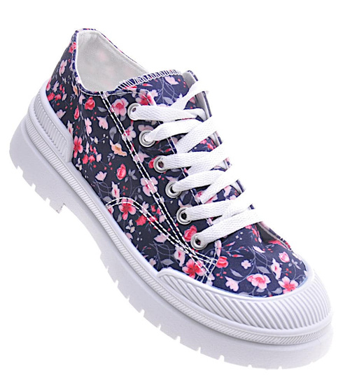 Wiązane trampki w kwiaty Navy /A7-3 11049 T498/