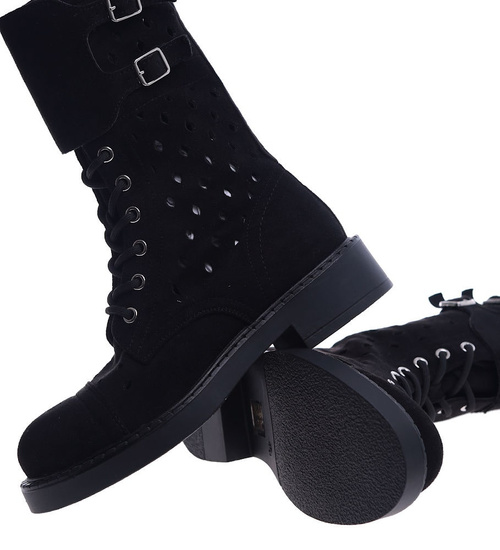 Ażurowe czarne botki trapery /D7-3 13431 S690/