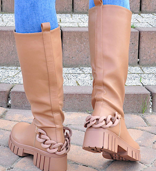 Modne damskie kozaki z łańcuchem /G6-2 9438 S108/