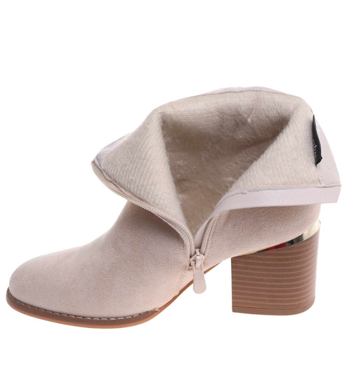 Botki damskie ocieplane na niskim obcasie Beżowe /F2-2 18239 W422/