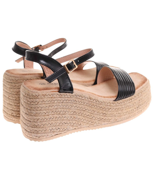Sandały damskie na koturnie i platformie Czarne espadryle /G9-3 17904 G187/