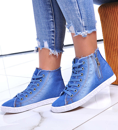 Jeansowe trampki z wysoką cholewką niebieskie /A3-2 12442 T296/