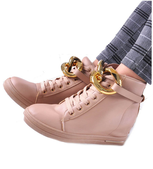 Beżowe sneakersy damskie na koturnie /F7-2 12802 T891/