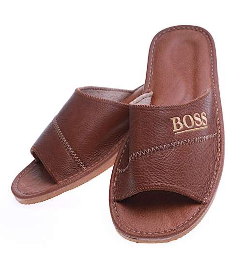 Skórzane męskie klapki domowe Brązowe /F9-1 14238 S196/