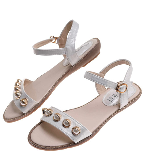 Sandały damskie na płaskim obcasie Srebrne /G6-2 17919 T132/