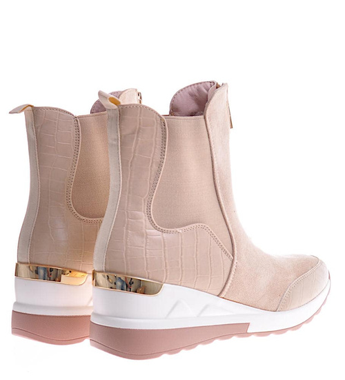 Beżowe botki na koturnie ze skóry ekologicznej /G3-3 12293 T595/