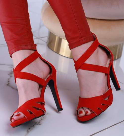Czerwone sandały damskie na szpilce /F10-2 13407 T3/