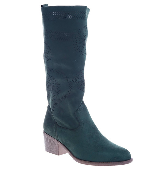 Ażurowe zielone wiosenne kozaki na klocku /G2-2 13528A W493/