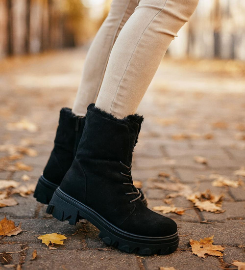 Zimowe botki trapery z wywijaną cholewką Czarne /G3-3 18529 T288/