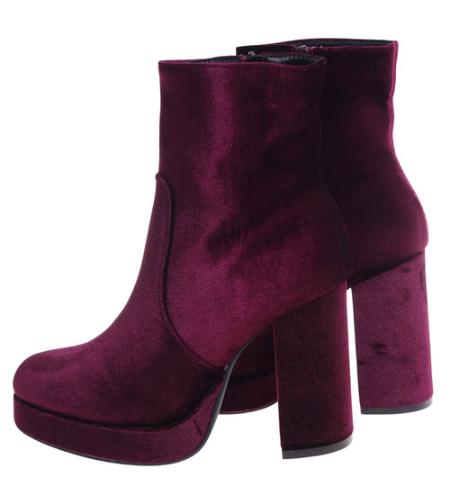Welurowe botki damskie na platformie Wine /J6-3 H2 18393 G284/