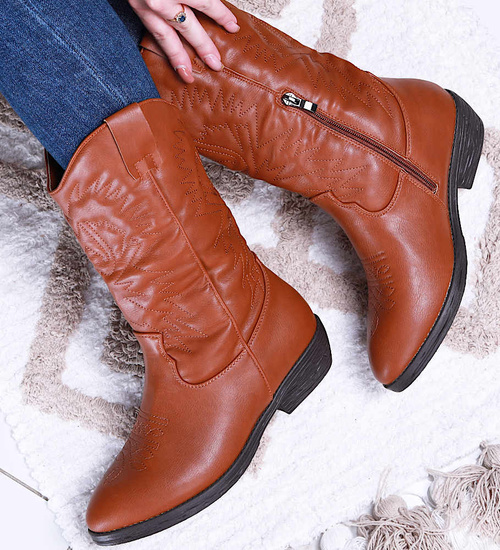 Klasyczne camelowe kozaki kowbojki z ociepleniem /F7-2 15219 T296/