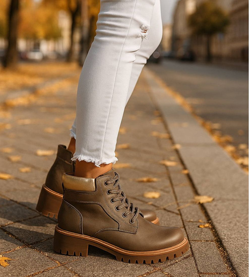 Sznurowane ocieplane botki trapery Khaki /F9-2 18277 W432/