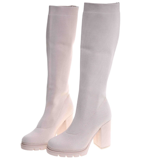 Elastyczne beżowe kozaki na obcasie /E7-2 18617 T2/