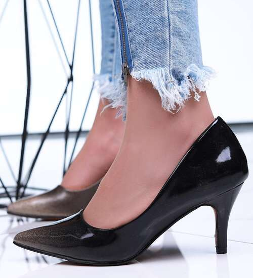 Czarno złote klasyczne szpilki damskie /G8-2 16083 T154