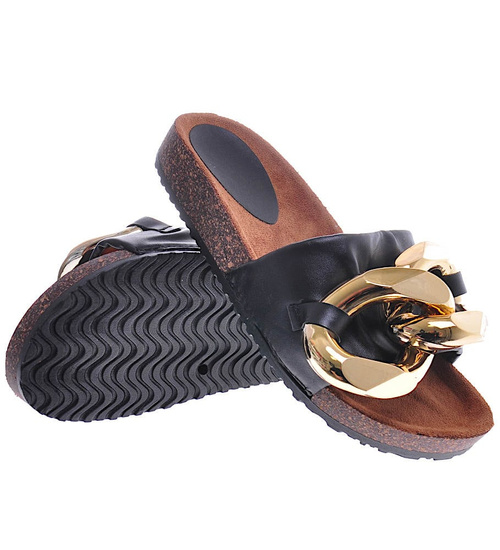 Czarne klapki damskie z łańcuchem /B4-3 11343 T204/