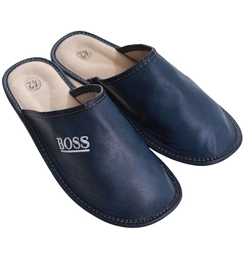 Skórzane męskie kapcie na prezent Granatowe /F1-1 7893 S196/