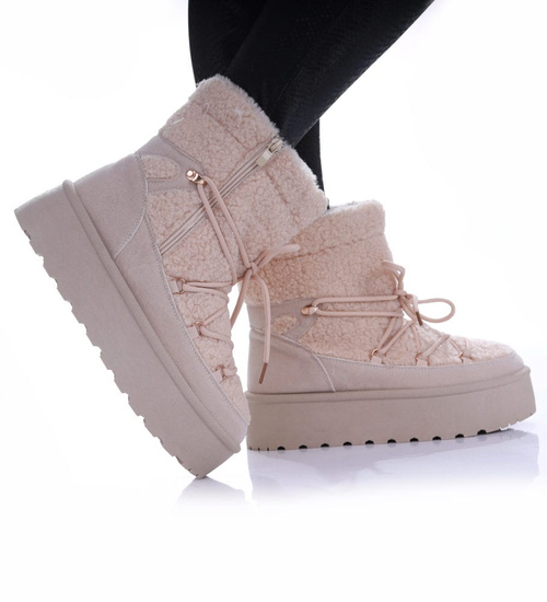 Beżowe ocieplane kozaki śniegowce na platformie /G6-1 17114 G388/