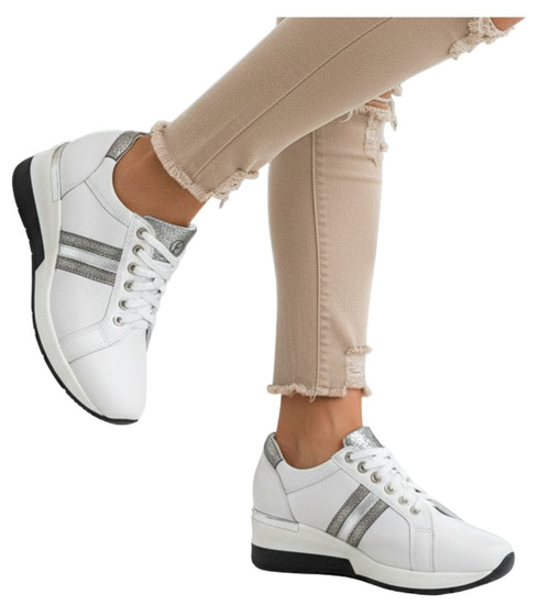 Sznurowane skórzane trampki damskie Białe /E7-3 9778 S154/