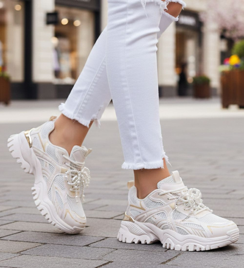 Beżowe sportowe buty na platformie D7-3 17342 T641/