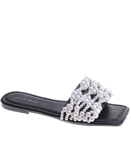 Czarne damskie klapki z perełkami /G8-2 12151 T192/