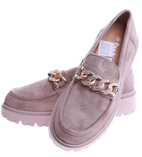 Półbuty loafersy na niskiej platfomie Khaki /E4-3 14874 T485/