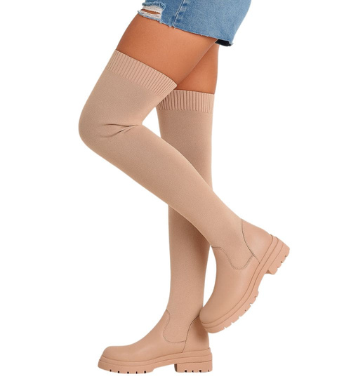 Kozaki muszkieterki elastyczne wysokie beżowe  /G13-2 18090 T380/