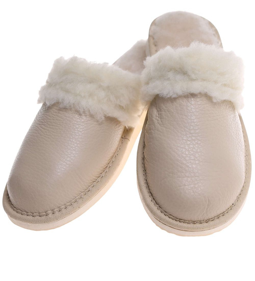 Skórzane beżowe kapcie damskie z wełną /D3-1 18465 S196/