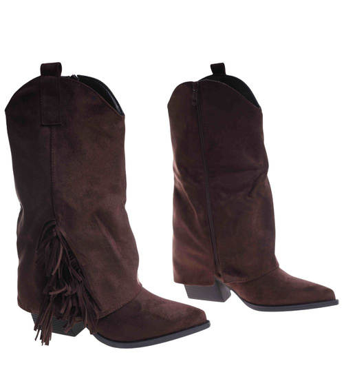 Krótkie czekoladowe kozaki boho na obcasie /B7-1 18580 G688/