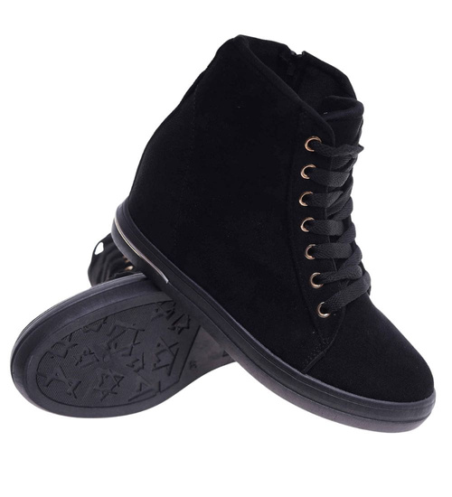 Czarne sneakersy damskie na koturnie /F4-2 18133 T397/