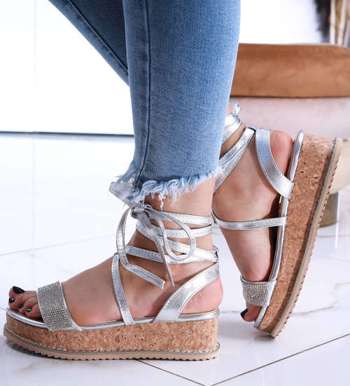 Srebrne sandały na platformie Lace Up /B6-3 14521 T134/ Srebrne sandały na platformie Lace Up /B6-3 14521 T134/