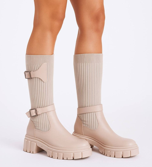 Niskie beżowe kozaki damskie na platformie z elastyczną cholewką /E1-1 16819 G388 +H2/