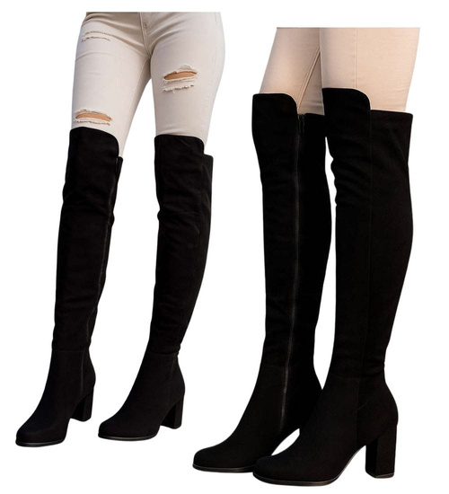 Czarne ocieplane kozaki muszkieterki na obcasie /B3-2 18435 T6/