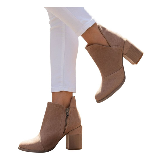 Botki damskie na szerokim słupku Khaki /D1-2 +H2 7050 T198/ 